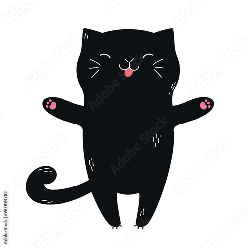 Hand drawn happy black cat opens arms for hug. Cute doodle cat isolated on white background. Vector illustration