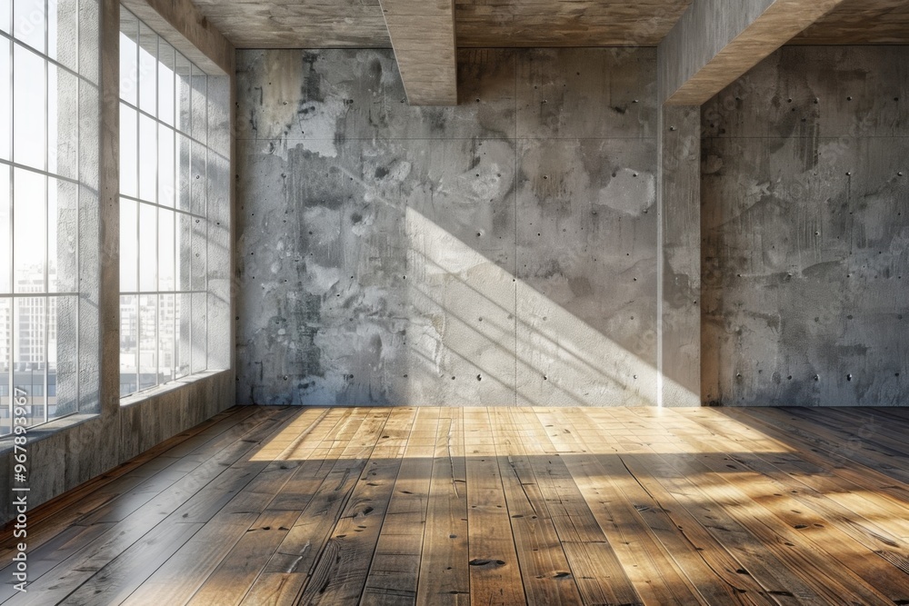 Empty room with wooden floor and concrete wall Empty room with wooden floor and concrete wall