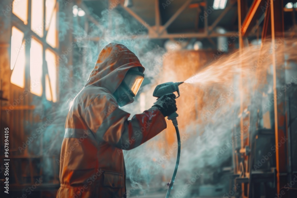 Fototapeta premium Factory worker applying paint with spray gun industrial manufacturing process