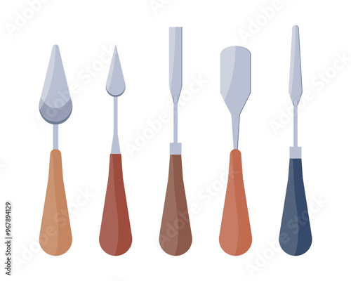 Set of palette knives of different shapes. Equipment for applying paint to canvas, mixing colors, smoothing. Vector illustration