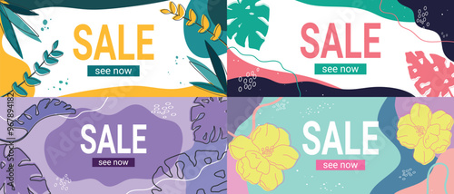 Sale banners set. Bright Sale templates with abstract shapes and leaves. Sale and discounts concept. Vector illustration.
