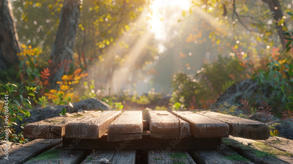 A wooden bridge with a view of the forest and sunlight shining through the trees A wooden bridge with a view of the forest and sunlight shining through the trees