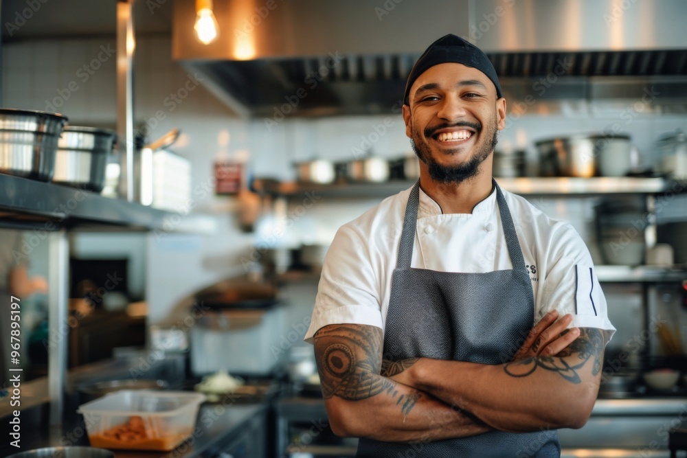 Portrait of a smiling American chef in commercial kitchen Portrait of a smiling American chef in commercial kitchen