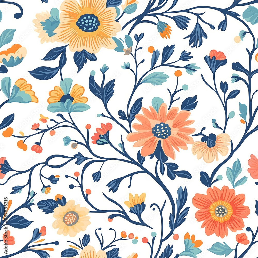 Beautiful seamless floral vector illustration with blooming flowers, leaves, and branches for nature-inspired design, perfect for wallpaper, textile, or decoration Beautiful seamless floral vector illustration with blooming flowers, leaves, and branches for nature-inspired design, perfect for wallpaper, textile, or decoration