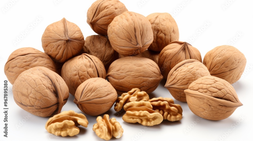 Brown walnuts in their shells and shelled pieces arranged on a white background in natural lighting Brown walnuts in their shells and shelled pieces arranged on a white background in natural lighting