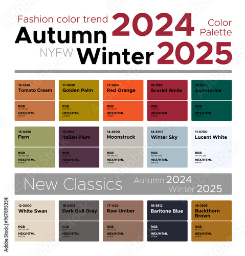 Fashion color trends Autumn Winter 2024-2025. Palette fashion colors guide with named color swatches, RGB, HEX colors