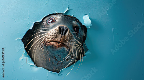 cute northern fur seal peeking through a hole in a blue paper wall photo