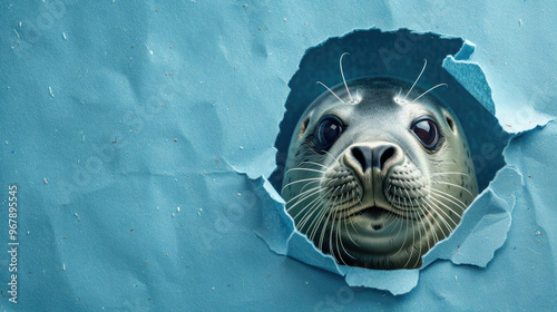 cute northern fur seal peeking through a hole in a blue paper wall photo