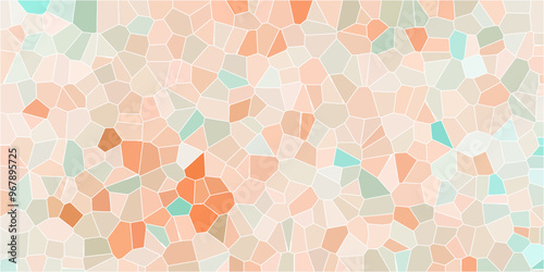 Abstract mosaic made of broken crockery and tableware background. Mosaic pattern with an orange , aqua and beige color palette light elegant marble ceramic pieces wall background 