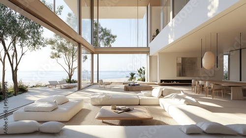 A beachside vacation home with large windows, light-filled interiors, and soft, warm tones, creating a tranquil and inviting atmosphere for a relaxing stay.