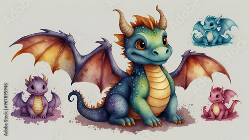 Cute Dragon Watercolor Clipart, Whimsical and Colorful Design photo