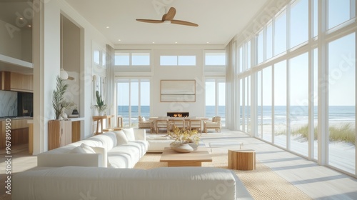 A beachside vacation home with large windows, light-filled interiors, and soft, warm tones, creating a tranquil and inviting atmosphere for a relaxing stay. photo