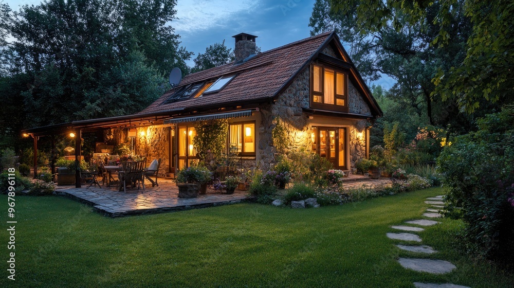 A charming countryside vacation home with a rustic design, warm lighting, and a large garden, perfect for enjoying peaceful, warm evenings in nature. A charming countryside vacation home with a rustic design, warm lighting, and a large garden, perfect for enjoying peaceful, warm evenings in nature.