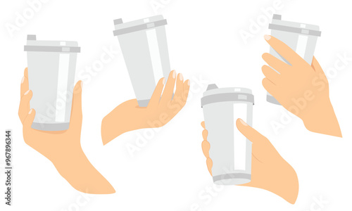 Hand holding Coffee cup on white background. vector set in flat style isolated.