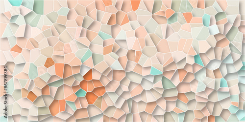 Abstract mosaic made of broken crockery and tableware background. Mosaic pattern with an orange , aqua and beige color palette light elegant marble ceramic pieces wall background 