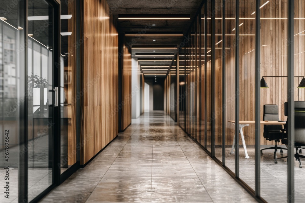 Corridor of company with wooden walls vertical poster and conference room with glass walls Corridor of company with wooden walls vertical poster and conference room with glass walls
