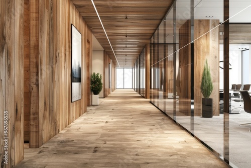 Corridor of company with wooden walls vertical poster and conference room with glass walls