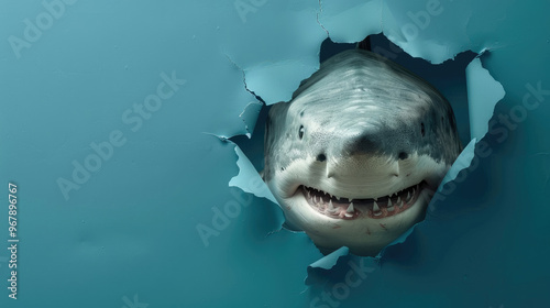 cute megamouth shark peeking through a hole in a blue paper wall photo