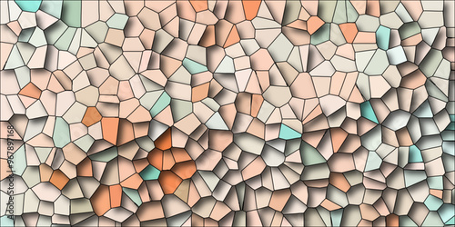 Abstract mosaic made of broken crockery and tableware background. Mosaic pattern with an orange , aqua and beige color palette light elegant marble ceramic pieces wall background 