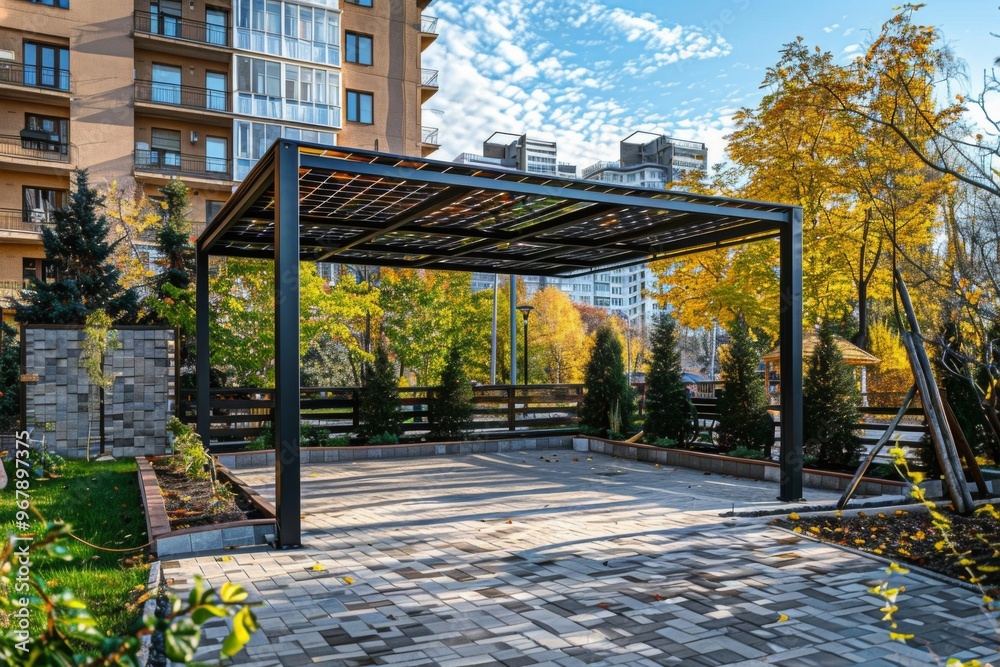 Fototapeta premium Solar panel pergola in urban setting