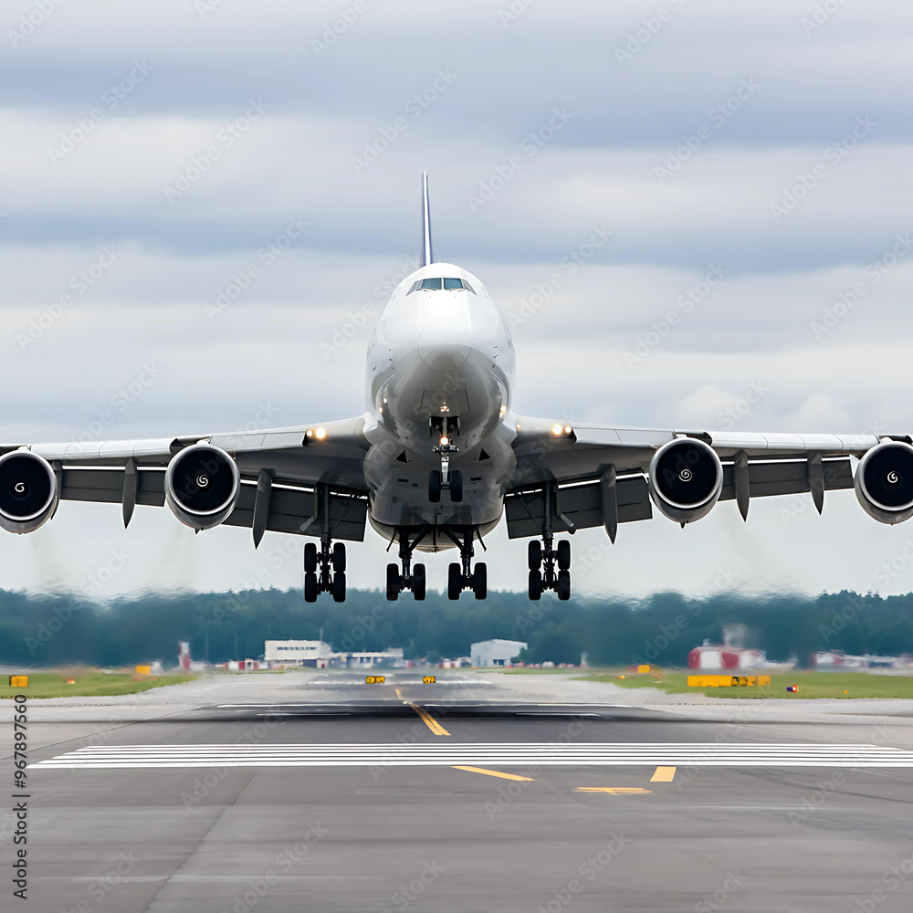 Fototapeta premium Airplane taking off from the airport, front view.