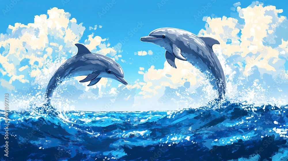 Fototapeta premium Couple dolphins jumping on the water with bright blue sky .generative ai