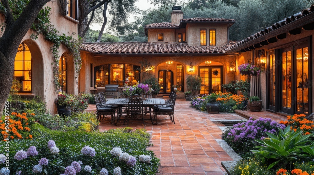 Fototapeta premium A Mediterranean-style vacation home with terracotta floors, warm lighting, and an inviting outdoor dining area surrounded by blooming flowers.