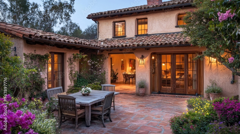 A Mediterranean-style vacation home with terracotta floors, warm lighting, and an inviting outdoor dining area surrounded by blooming flowers. A Mediterranean-style vacation home with terracotta floors, warm lighting, and an inviting outdoor dining area surrounded by blooming flowers.