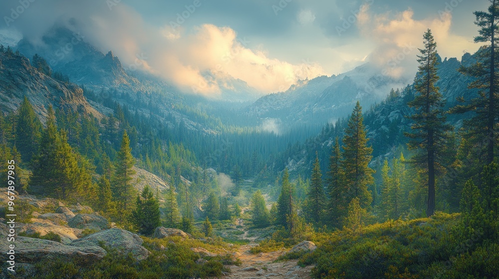 Serene mountain landscape with lush greenery and misty peaks. Serene mountain landscape with lush greenery and misty peaks.