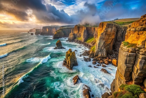 Rocky cliffs rugged shoreline dramatic seascape misty morning landscape