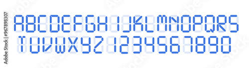 Digital font template. Alarm clock letters and numbers. Calculator digital text for a digital watch and other electronic devices.