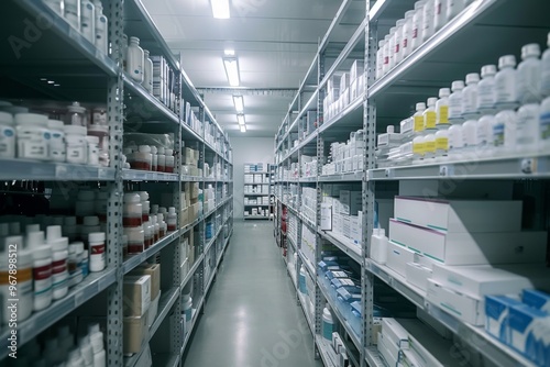 Pharmaceutical warehouse with organized shelves