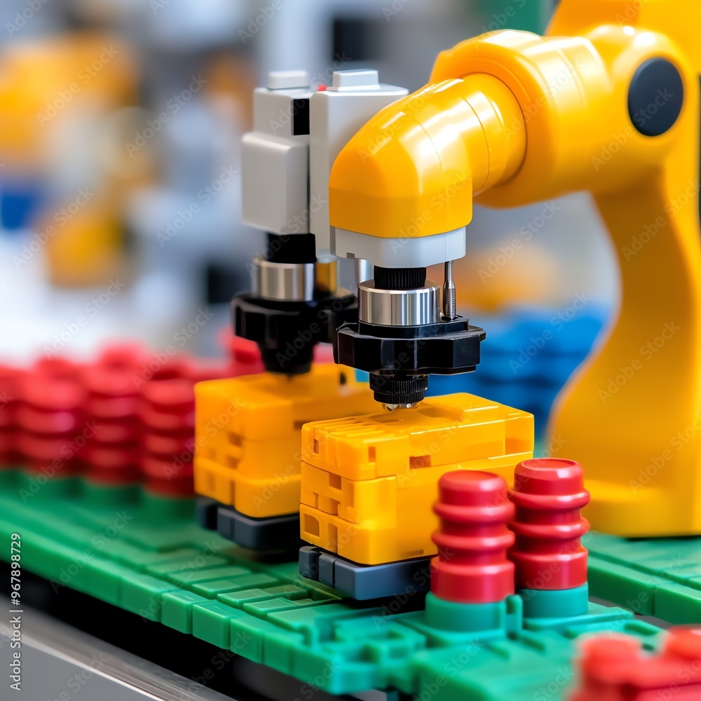 A robotic arm assembling colorful blocks in a modern factory setup, showcasing automation and precision in manufacturing processes. A robotic arm assembling colorful blocks in a modern factory setup, showcasing automation and precision in manufacturing processes.