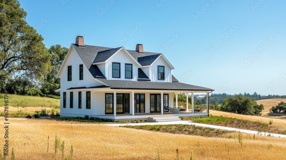 A medium-sized, modern farmhouse with white clapboard siding, black trim, and a wraparound porch, surrounded by open fields, representing a blend of rustic and contemporary living. A medium-sized, modern farmhouse with white clapboard siding, black trim, and a wraparound porch, surrounded by open fields, representing a blend of rustic and contemporary living.