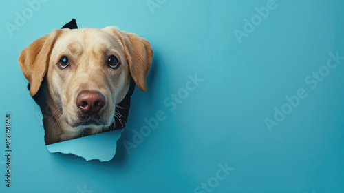 cute labrador retriever peeking through a hole in a blue paper wall