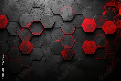 Abstract Black Hexagon Background with Red Highlights photo