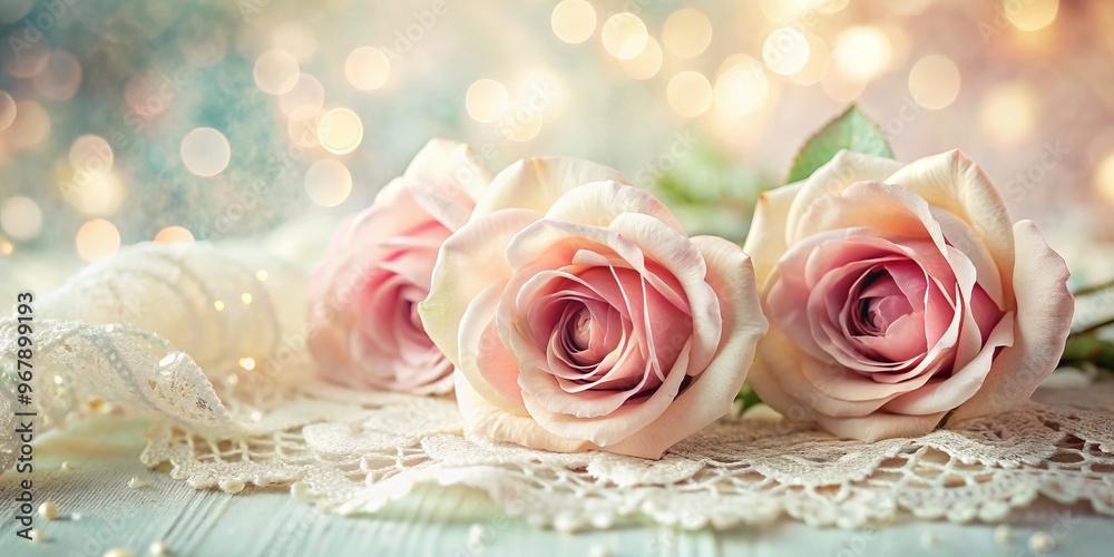 Obraz premium Rose and Lace Background with Vintage Romantic Whimsy Mood Soft Focus Focus on Petals Floral Embellishments Delicate Pastel Shades Concept Love and Affection
