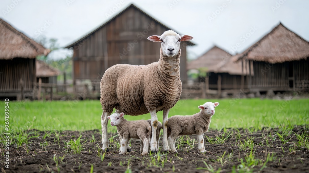 Fototapeta premium Mother Sheep and Lambs in a Rural Setting