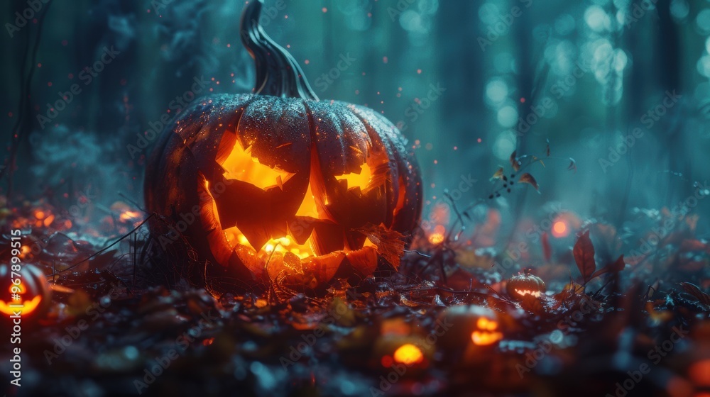 A spooky Halloween background designed for presentations, featuring pumpkins, candles, and cobwebs on both sides, leaving the central area empty for content or text