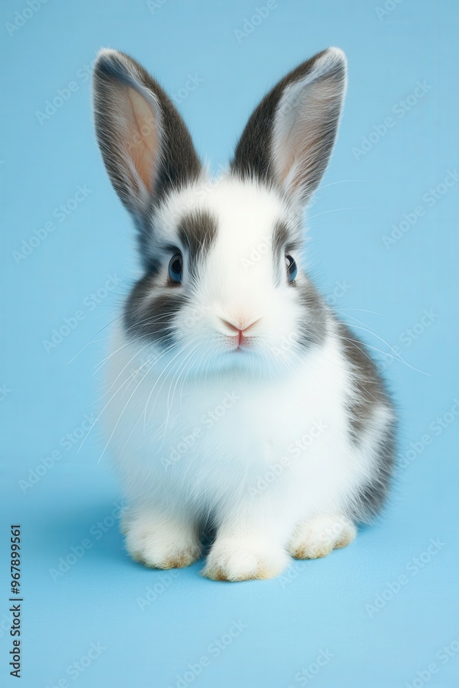Adorable rabbit sitting against a pastel blue background on a sunny day Adorable rabbit sitting against a pastel blue background on a sunny day