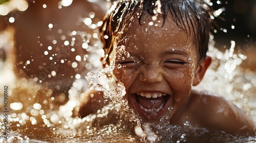 A child with a beaming smile and wet hair is joyfully splashing water all around, capturing a moment of pure happiness, excitement, and fun during water play.