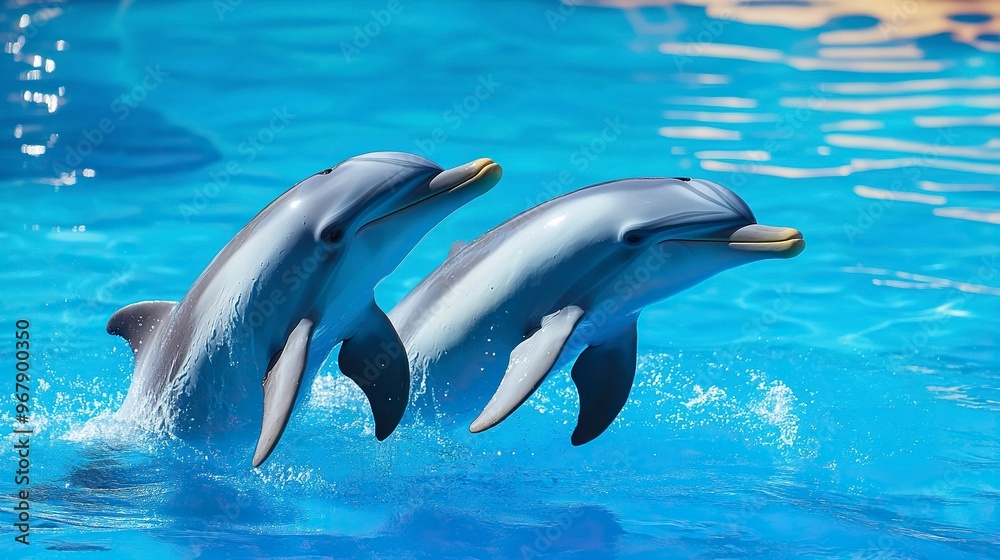 Naklejka premium Couple dolphins jumping on the water with bright blue sky .generative ai