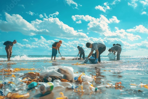 Conservation of ecology and garbage collection for recycling. A volunteer collects plastic bottles by the sea. Concept of coastal cleanup and global environmental pollution.