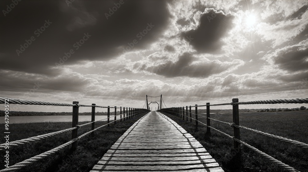 Naklejka premium Generative AI, Wooden bridge leading into the horizon under dramatic skies in black and white