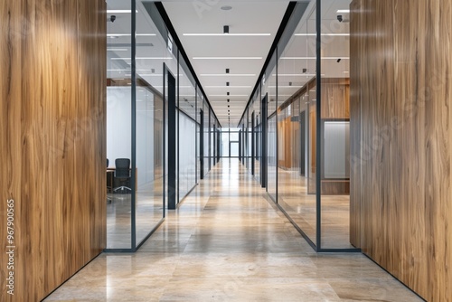 Corridor of company with wooden walls vertical poster and conference room with glass walls