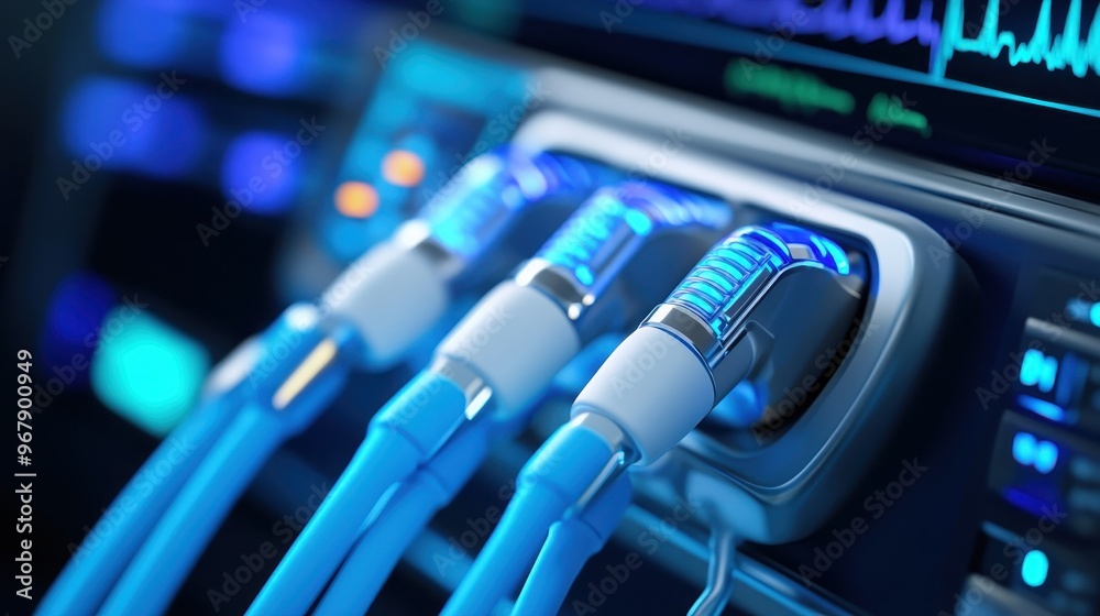 Close-up of blue cables connected to a device, showcasing modern technology and electronic components in a clinical setting. Close-up of blue cables connected to a device, showcasing modern technology and electronic components in a clinical setting.