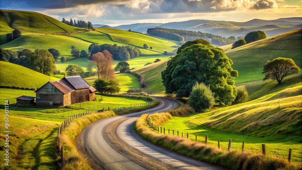 Fototapeta premium Rustic countryside road winding through rolling hills