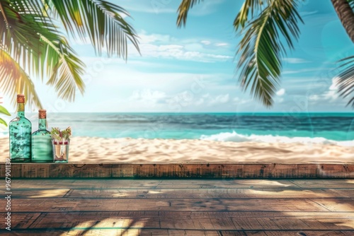 Fototapeta Naklejka Na Ścianę i Meble -  Exotic beach bar counter top with palm leaves and beach background
