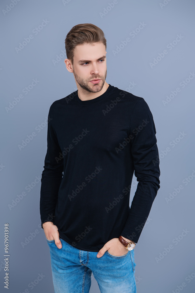 Unshaven man isolated on grey. Portrait of man with stylish haircut. Millennial charismatic model. Men beauty. Guy with confident face. Young handsome man wearing casual sweater. Caucasian model Unshaven man isolated on grey. Portrait of man with stylish haircut. Millennial charismatic model. Men beauty. Guy with confident face. Young handsome man wearing casual sweater. Caucasian model