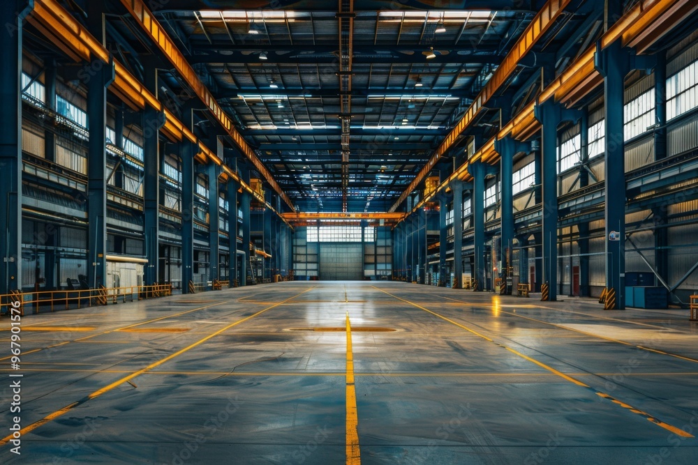 Interior of a modern industrial building with metal structures and yellow markings Interior of a modern industrial building with metal structures and yellow markings